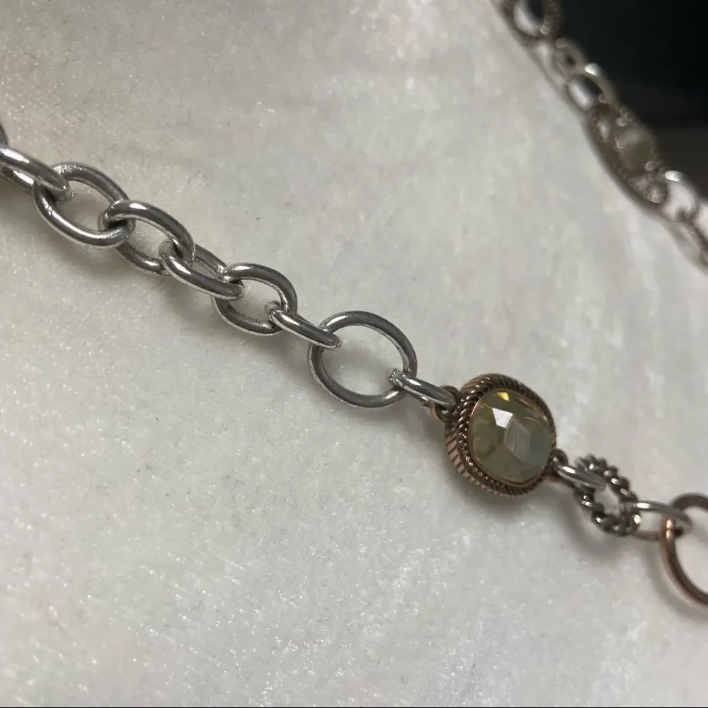 Long link silver and gold tone adjustable necklace with faceted yellow jewels